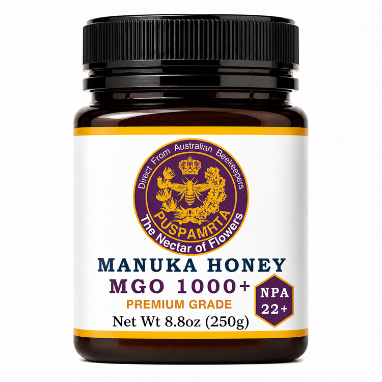 Puspamrta MGO 1000+ Australian Manuka Honey 250g jar available online at Evithi
