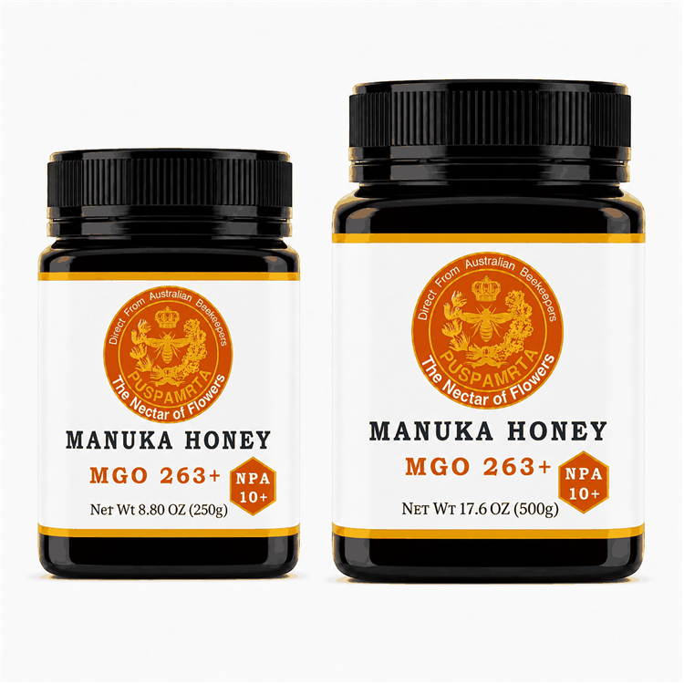 Puspamrta MGO 263+ Australian Manuka Honey available in 250g and 500g jars